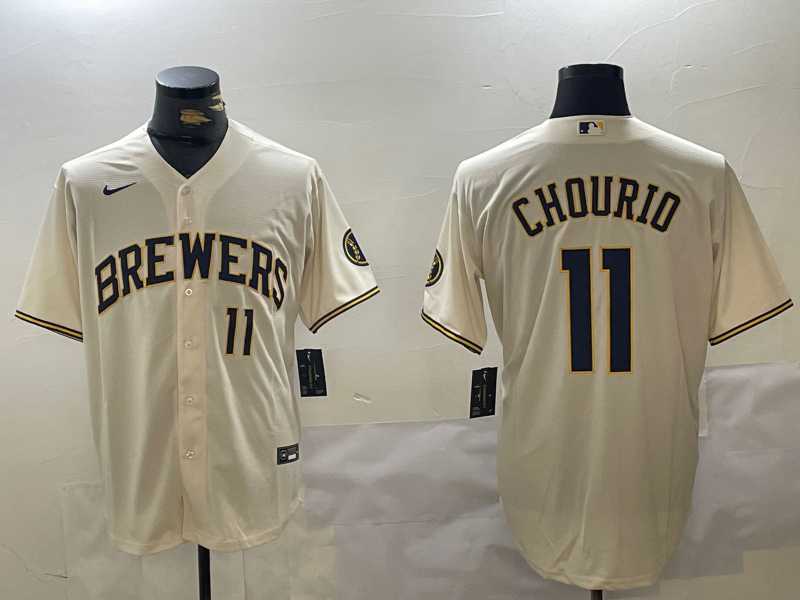 Men%27s Milwaukee Brewers #11 Jackson Chourio Number Cream Stitched Cool Base Nike Jersey